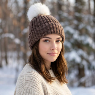 100% Baby Alpaca Pom-Pom Channel Beanie Hat